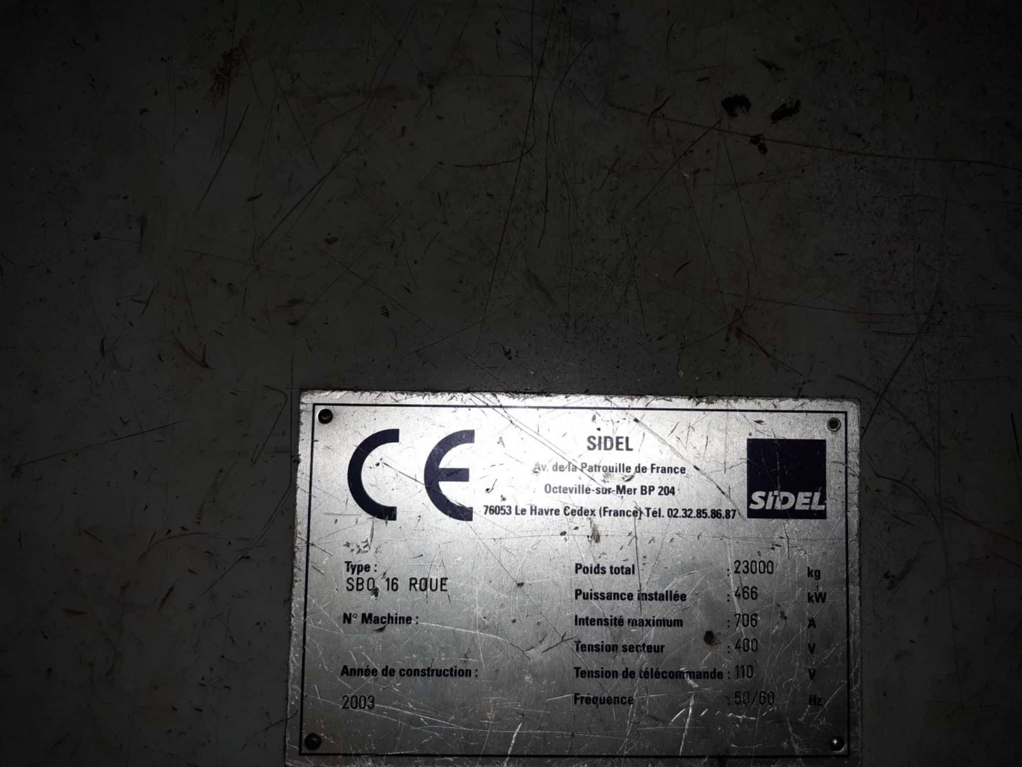 Nameplate of SIDEL SBO 16 series 2