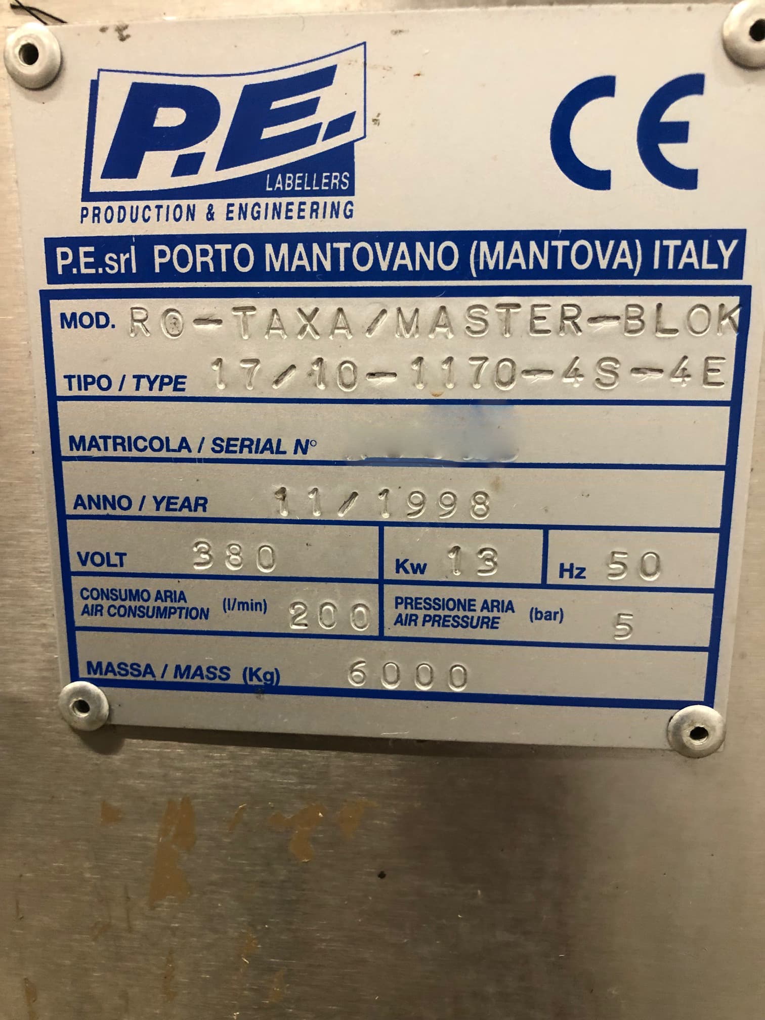 Nameplate of PE Labellers RO-TAXA/Master-BLOK